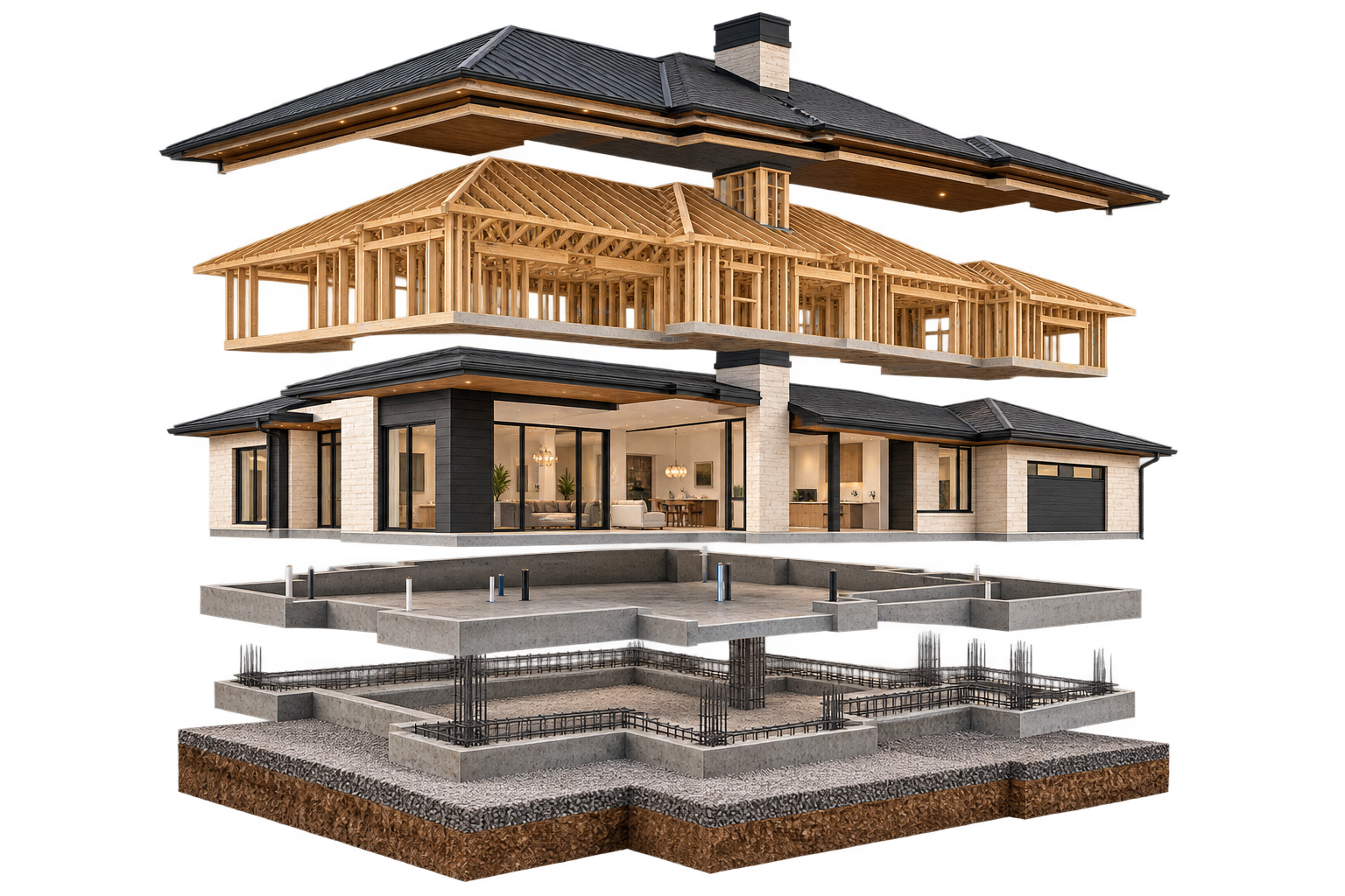 Exploded architectural view showing a house, its structure, concrete slab and foundation